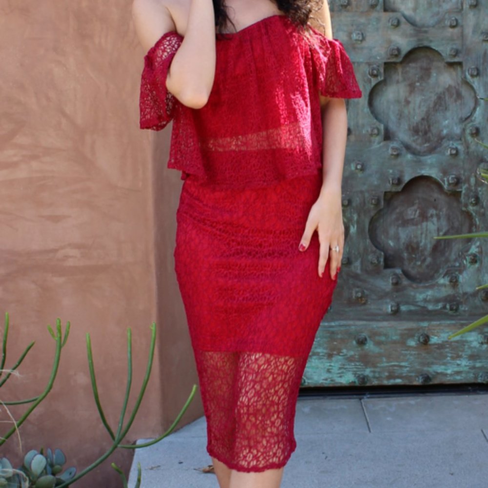 Red Lace Off Shoulder Top & Skirt Set by Haute Monde